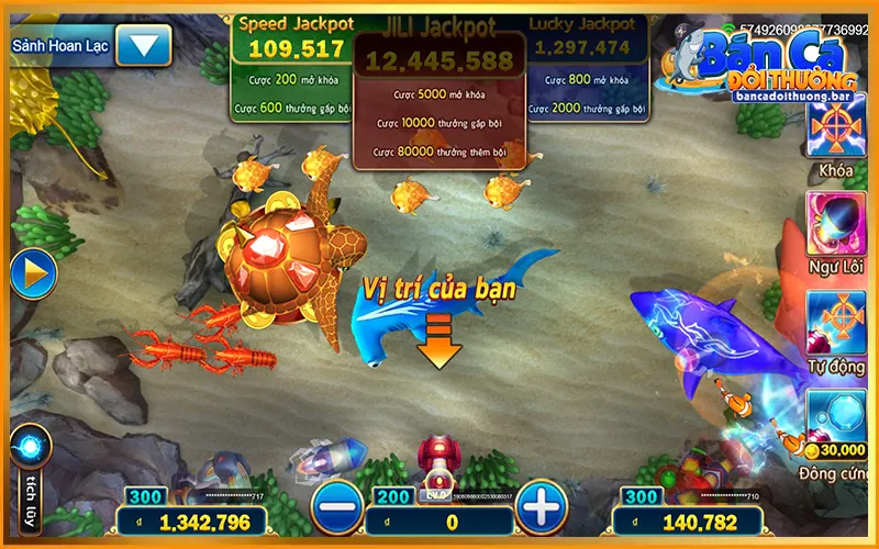 Giao diện màn chơi cơ bản trong game bắn cá đổi thưởng